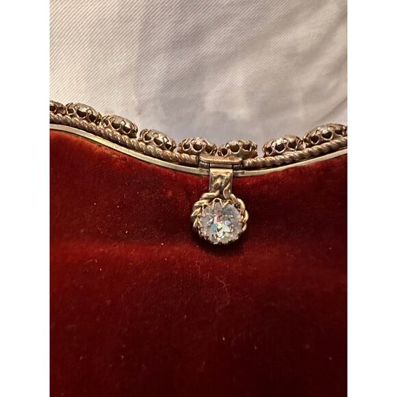 VINTAGE OUTSTANDING JOLLES ORIGINAL BURGUNDY VELVET JEWELED FRAME BAG - - Picture 3 of 12